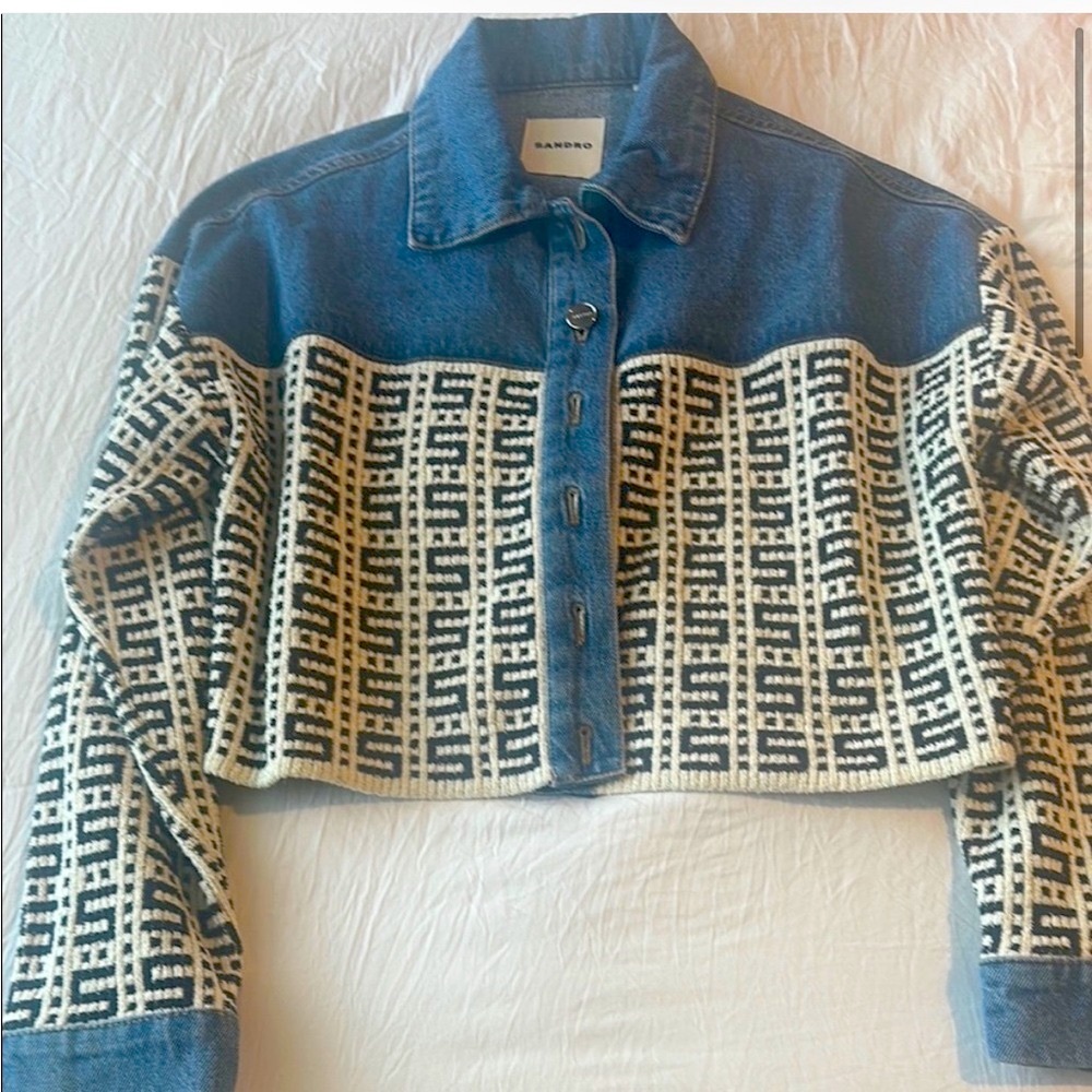 Sandro Women's Blue and White Patterned Jean Jacket - Picture 3 of 6